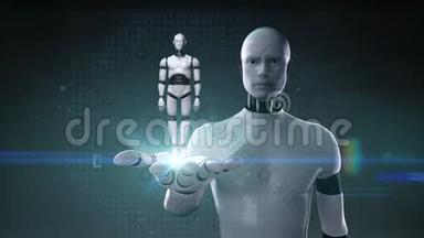 机器人半机器人打开手掌，旋转三维机器人身体。 人工智能机器人技术。